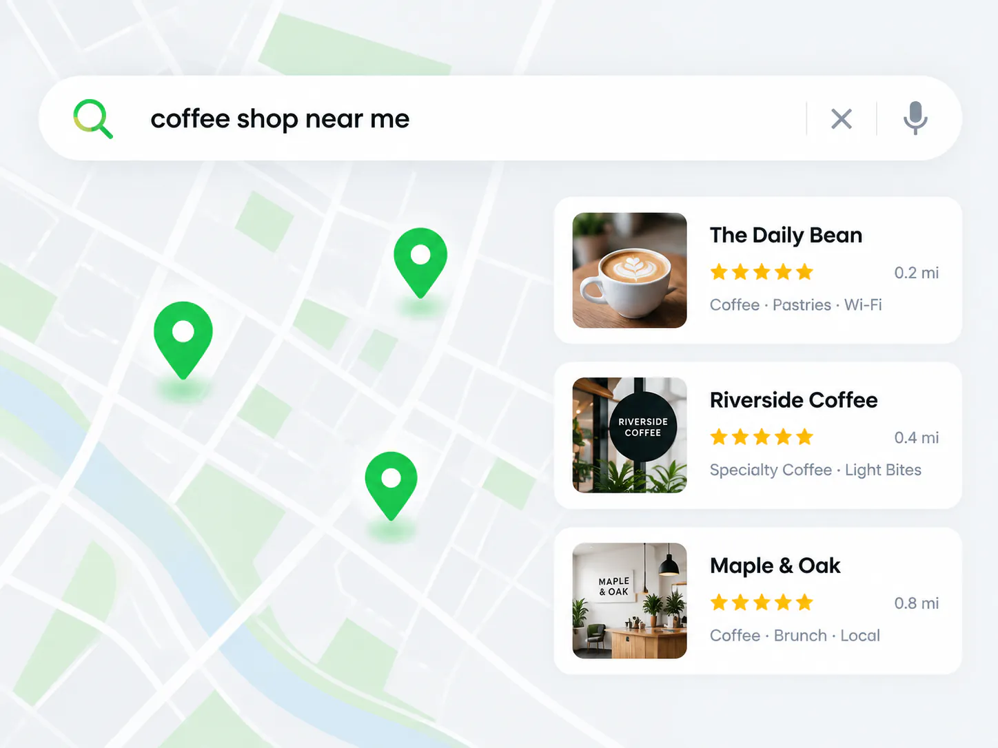 Local search results and map listings